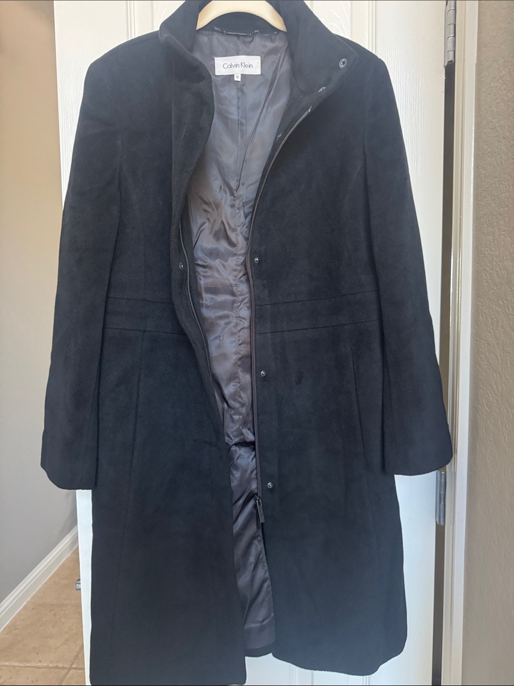 Calvin Klein Black Wool-Blend Stand-Collar Trench Coat